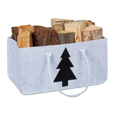 Image of Relaxdays Felt Firewood Bag, 28l Vol, Storage Basket for Logs, Blankets, etc, Fir Tree Motif, 25x50x25cm, Grey/Black