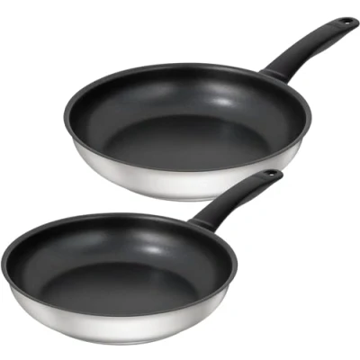 Image of Kuhn Rikon, Set of Classic 24 and 28 cm, Heavy Duty 18/10 Stainless Steel, Non Stick Coating: 3 Layers with Titanium Particles, The Handle Always Keeps Cold