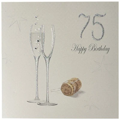 Image of WHITE COTTON CARDS 75 Happy Handmade 75th Birthday Card with Champagne Design, Silver, pdc75 silver