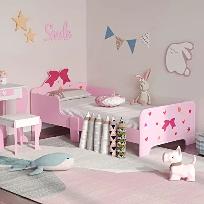 Image of ZONEKIZ Kids Toddler Bed w/Princess Themed Patterns, Safety Rails, Bedroom Furniture for Boys, Girls, Ages 3 6 Years, 143 x 74 59cm Pink