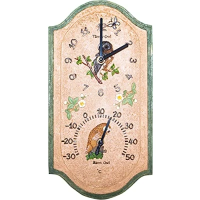 Image of St Helens Home &amp; Garden Outdoor Weather Resistant Owl Design Clock and Thermometer Sit back, relax let time pass you by