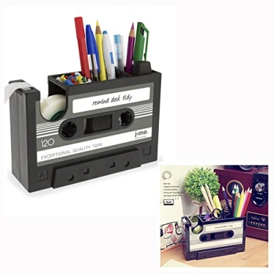 Image of Cisixin Desk Tidy Retro Cassette Tape Dispenser Pencil Holder Pen Container Organize Your Office Suppliers Student Stationary Great (Black)