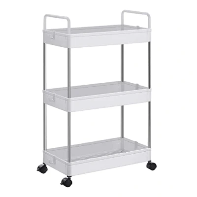 Image of SONGMICS 3 Tier Storage Trolley, Kitchen Shelf on Wheels, Bathroom Space Saving, with Handles, 22 x 40 67 cm, White KSC019W01