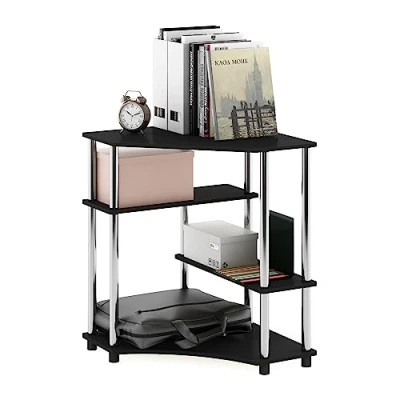 Image of Furinno Turn N Tube Space Saving Corner Desk with Shelves, Americano, Stainless Steel Tubes