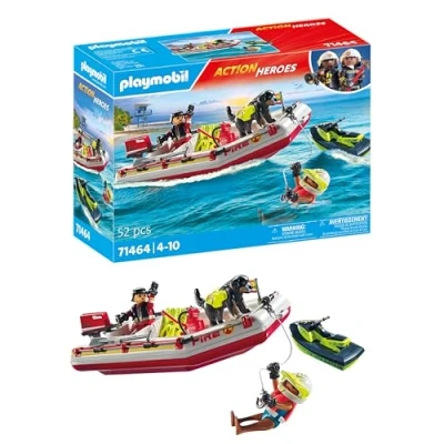 Image of Playmobil 71464 Action Heroes: Fireboat with Aqua Scooter, exciting water rescue, including diving goggles and fins, fun imaginative role play, realistic play sets suitable for children ages 4+