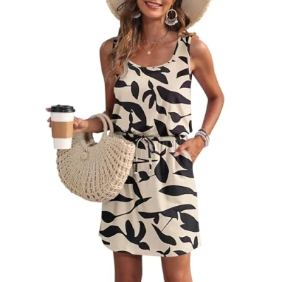 Image of WNEEDU Summer Dresses Women UK Darwstring Beach Emprie Waist Sundresses with Pockets Apricot Black Leaf 2XL