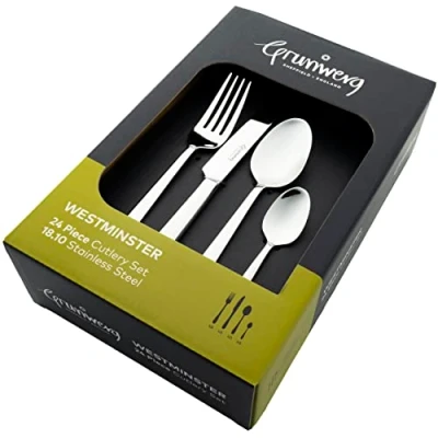 Image of Grunwerg Westminster 24 Piece Cutlery Set, 18/10 Stainless Steel, 6 x Table Forks, Knives, Teaspoons, Dessert Spoons, Silver