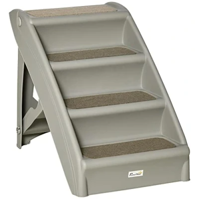 Image of PawHut Four Step Foldable Pet Stairs w/Non Slip Mats, for S, XS Dogs Grey