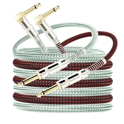 Image of OTraki Electric Guitar Cable 10ft 2 Pack 1/4 Inch TS Instrument Straight to Right Angle Bass Amp Cord 3 Meter for Keyboard Woven Tweed with 6.35mm Gold Plated Plug Red + Green