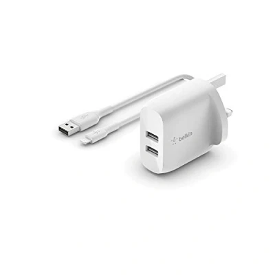 Image of Belkin Boost Charge Dual USB A Wall Charger 24W + to Lightning Cable (for iPhone 14 and 13 series, iPad, AirPods, more)