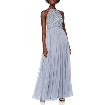 Image of Maya Deluxe Women&#039;s Ladies Bridesmaid Maxi Dress Halter Neck Sequin Embellished Prom Graduation Wedding, Dusty Blue, 14