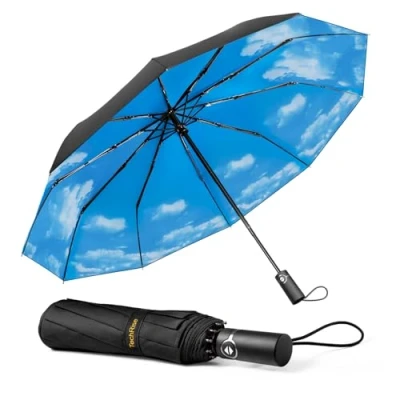 Image of TechRise Umbrella Windproof Travel Umbrella: 10 Ribs Automatic Compact Strong Wind Proof Umbrella, One Button Auto Open Close Resistant Folding Lightweight Portable for Men Women