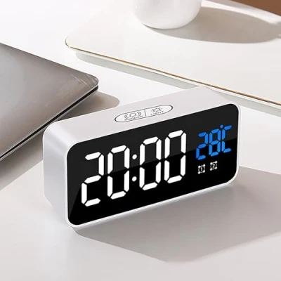 Image of LED Digital Alarm Clock, 2 Alarms Set with 13 Music, Temperature Display, Snooze, 4 Levels Adjustable Brightness Dimmer, Volume, USB Charging Port, Portable Mirror Clock (White)