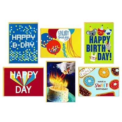 Image of Hallmark Birthday Cards Assortment, 36 with Envelopes (Cats, Lasers, Llamas, Donuts)