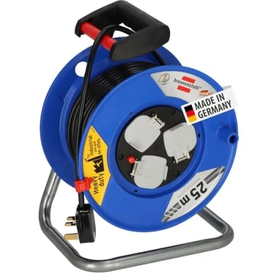 Image of Brennenstuhl Garant 3 way socket outlet cable Reel (Extension Lead 25m length, with thermal cut out protection, ergonomic handle, colour: black)