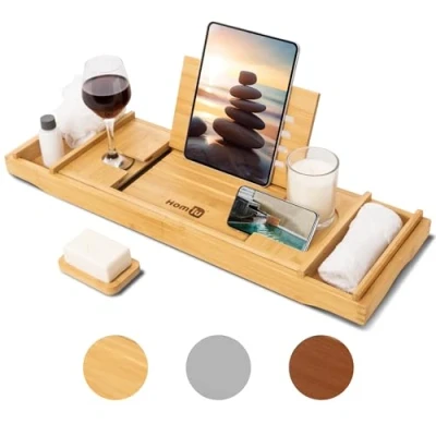 Image of Homiu Bamboo Bath Tray Extendable Caddy Natural Wooden Bathtub with Candle, Wine Glass, Book Rest, iPad &amp; Phone Holder Stand Luxury Accessories (Natural)