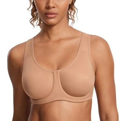 Image of SYROKAN Women&#039;s Max Control Solid High Impact Plus Size Underwire Sports Bra for Large Breasts Barely Buff 34D