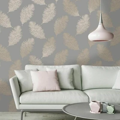 Image of SOPHIE LAURENCE Metallic Fawning Feather Gold Grey Cream Rose Wallpaper[Full ROLL 12629]