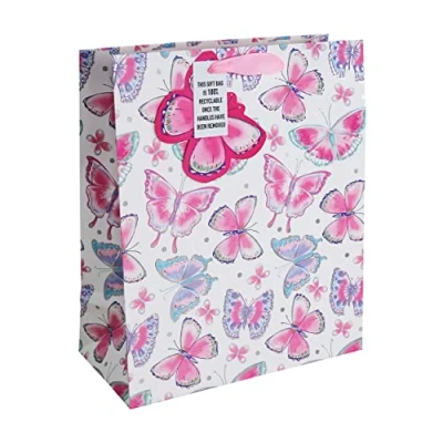 Image of Eurowrap Butterfly Gift Bag with Tag Mothers Day Easter Summer Birthday Occasions 100% Recyclable Large