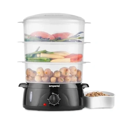 Image of Emperial Food Steamer 3 Tier, 9L Electric Vegetable with BPA Free Removable Baskets &amp; Rice Bowl, 60 Minute Timer 800W, Boil Dry Protection, Energy Saving Black