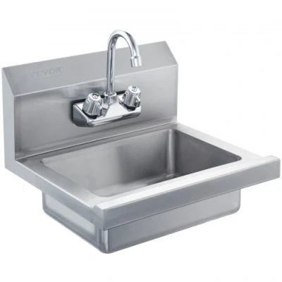 Image of VEVOR Commercial Hand Sink with Faucet, NSF Stainless Steel for Washing, Small Washing Sink, Wall Mount Basin, Utility Restaurant, Kitchen, Bar, Garage and Home, 17 x 12.8 inch