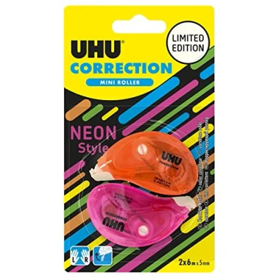 Image of UHU Neon Mini Correction Tape Fast, Clean and Accurate, White, Pack of 2, 6 m x 5 mm