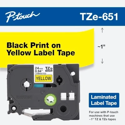 Image of Brother TZe 651 Labelling Tape Cassette, Black on Yellow, 24 mm (W) x 8 m (L), Laminated, Genuine Supplies