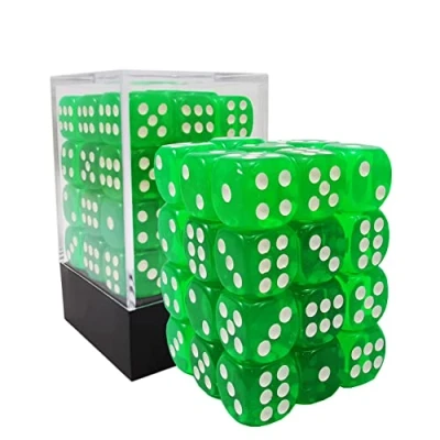 Image of Bescon 12mm 6 Sided Dice 36 in Brick Box, Six Die (36) Block of Dice, Translucent Green with White Pips