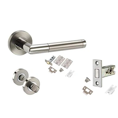 Image of Golden Grace Mitred Style Modern Chrome Door Handles on Rose with Duo Finish Bathroom Handle Pack 64mm DEADBOLT