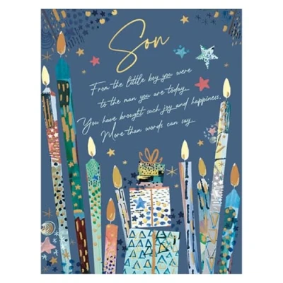 Image of Words N Wishes Son Birthday Card Candles and Presents with an Embossed Foil Finish Eco Friendly Recyclable