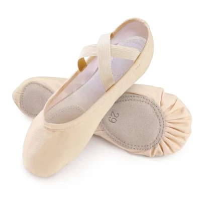 Image of Girls Ballet Shoes Canvas Slipper Leather Split Sole Gymnastic Dance Flat for Women Children Adults Beige 8 UK