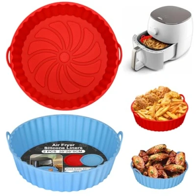 Image of Alyvisun Air Fryer Silicone Liners, 2PCS Reusable Airfryer Basket Baking Tray Inserts Versatile Round Rack Pot for Microwave, Oven, Red+Sky Blue