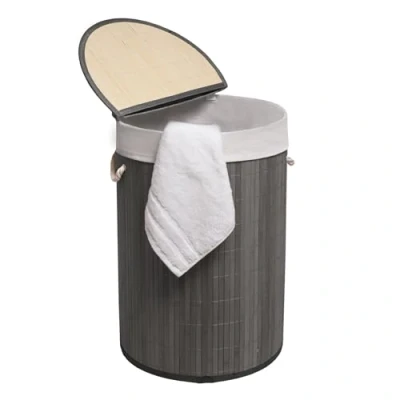Image of MantraRaj 50L Folding Bamboo Laundry Basket Bin Hamper Clothes Storage Organizer With Lid And Removable Washable Bag Carry On Handles Washing for Room, Bedroom (Grey)