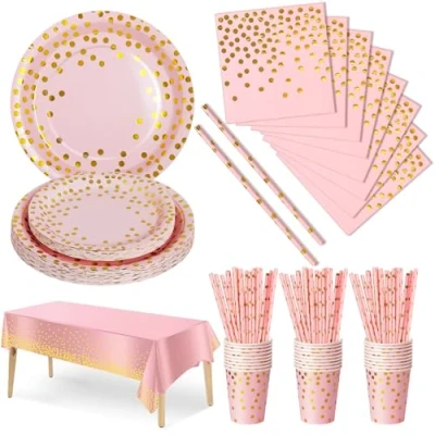 Image of Nkaiso Party Tableware 126 Piece Rose Gold Paper Set Includes Birthday Plates Napkins Cups Straws for Wedding Shower Engagement 25 Guests