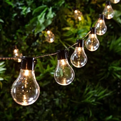 Image of Lights4fun 20 Warm White LED Edison Clear Bulb Festoon String Lights Black Cable Battery Operated Indoor Outdoor Use Fully Waterproof 4.75m