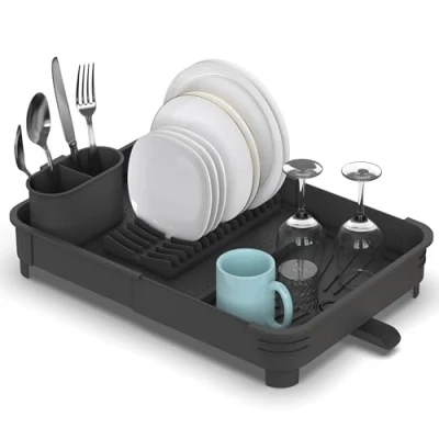 Image of Extendable Dish Drainer Rack Foldable Draining with Removable Cutlery Holder Adjustable Board Swivel Drainage Spout Space Saving Kitchen Drying Antracite