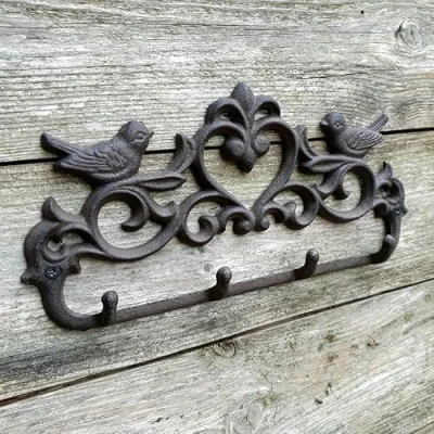 Image of Fyne Finds Cast Iron Love Birds 4 Hooks Coat Key Hat Hanger Brown Rustic Wall Mounted Hook