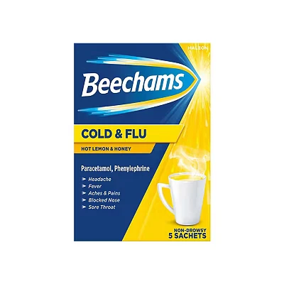 Image of Beechams Cold &amp; Flu Hot Lemon Honey 5 Sachets