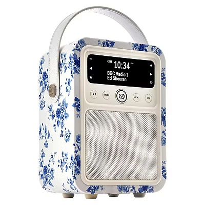 Image of Laura Ashley China Rose Monty Portable DAB Radio Alarm Clock by VQ. Bluetooth Speaker Dual FM, DAB+ Bedside. Rechargeable Digital Mains Powered and Battery with 60 Presets