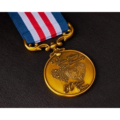 Image of the Commemorative Coin Company Our 50th Golden Wedding Anniversary Medal for Long/Distinguished Service and Bravery in Field. Gift/Present Husband/Wife/Partner/Couple. Gold. 50 Years,10.5cm