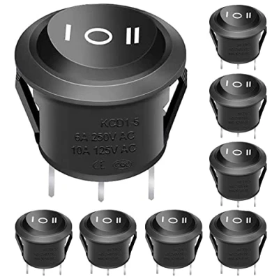 Image of Taiss/8Pcs Round Rocker Toggle Switch Black AC 250V/10A 125V/12A ON/OFF/ON 3 Pin Position SPDT Latching KCD1 5 103 BK