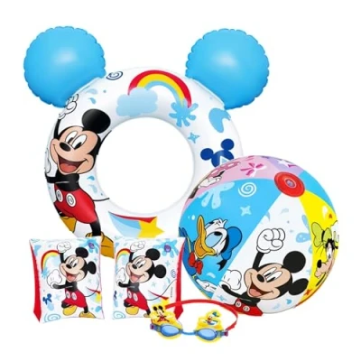 Image of Swimming Pool Inflatables for Kids Mickey &amp; Friends Float Bundle of 20&quot; Beach Ball, Arm Bands, Googles Swim Ring Tube Activities, Water Park, Games with Topline Card
