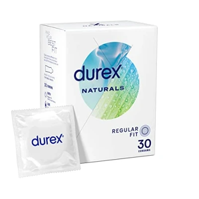 Image of Durex Naturals, Regular Fit, 30 Condoms, Thin, Natural Rubber Latex, With Water Based Lube, Gentle Formula