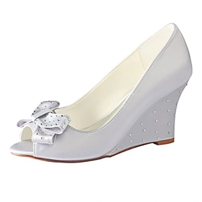 Image of Emily Bridal Silver Wedding Shoes Mother of The Bride Peep Toe Bow Wedge (EU37/UK4, Silver)