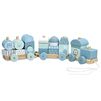 Image of Navaris Wooden Toy Stacking Train Pull Along Building Block 20 Piece Set Made from Solid Wood For 18M+ Toddlers, Kids, Boys, Girls Blue