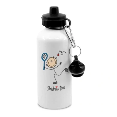 Image of Badminton stick figure water bottle with clip, sports, activities, games, hydrate, drinks bottle, drinking