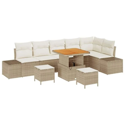 Image of vidaXL 9 Piece Garden Sofa Set with Cushions Beige Poly Rattan Acacia