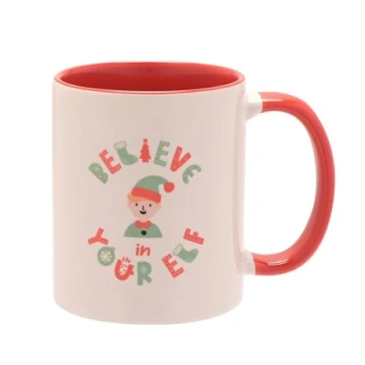 Image of The Seasonal Gift Co Red Handled Mug Believe in Your Elf 11oz / 312ml Whimsical Christmas Gifting &amp; Homeware Present for Tea, Coffee Holiday Festive Drinking.