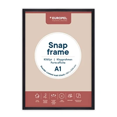 Image of EUROPEL Poster Holder Frame Light A1 Matt Black and Powder Finish Profile 25 x 11 mm Anodised Aluminium Anti Glare Protector External Dimensions 625 872 Polystyrene Back Grey