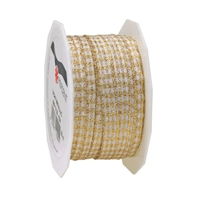 Image of C.E. Pattberg Präsent Vichy Metallic wired edge Ribbon Gold White 10 mm width, 20 m length